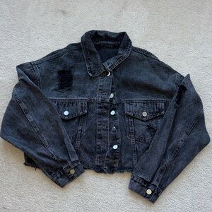 Black Distressed Cropped Denim Jacket